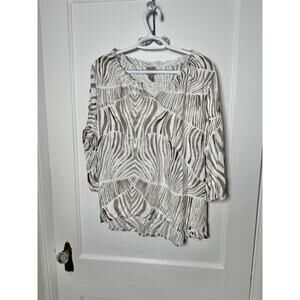 Chico's Lightweight Beige Knit Cotton Blend Zebra Ruffle Lightweight Top Size LG